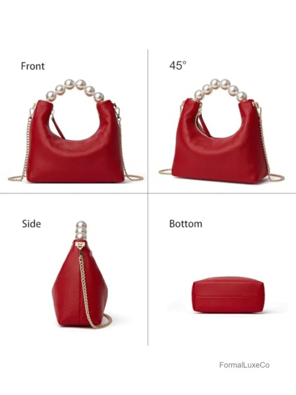 Genuine Leather Clutch Purse with Pearl Handle, Detachable Strap, Formal